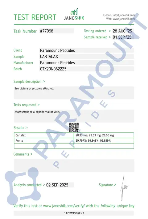 Page 1 of the certificate of analysis for Cartalax (25mg) lot CTX20N082225 (Janoshik)