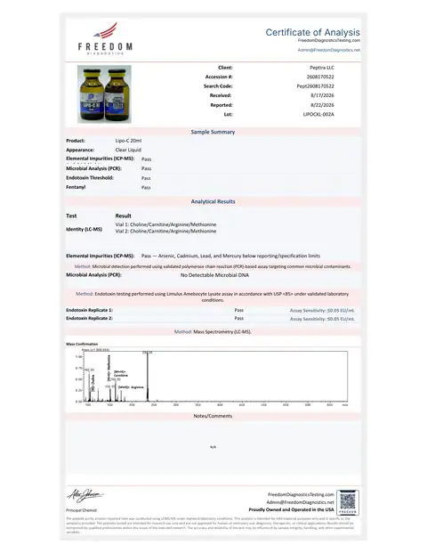 Page 1 of the certificate of analysis for Lipo-C XL Liquid 20 ml lot LIPOCXL-002A (Freedom Diagnostics)