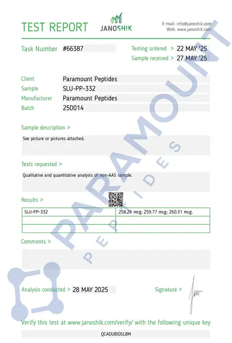Page 1 of the certificate of analysis for SLU-PP-332 (250mcg) x 60 Tablets lot 25D014 (Janoshik)