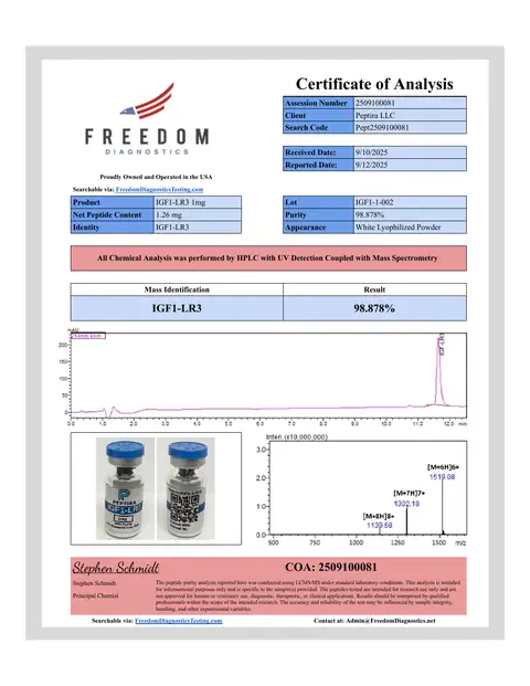 Page 1 of the certificate of analysis for IGF1-LR3 Vial 1 mg lot IGF1-1-002 (Freedom Diagnostics)
