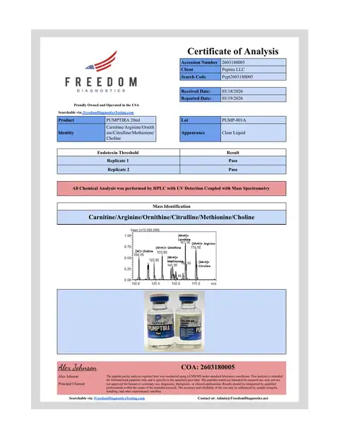 Page 1 of the certificate of analysis for Pumptira Liquid 20 ml lot PUMP-001A (Freedom Diagnostics)