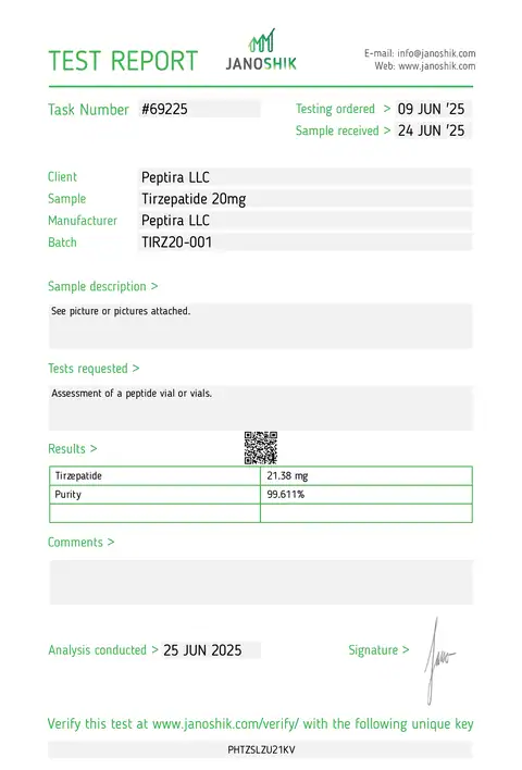 Page 1 of the certificate of analysis for TIRZ-2 Vial 20 mg lot TIRZ20-001 (Janoshik)