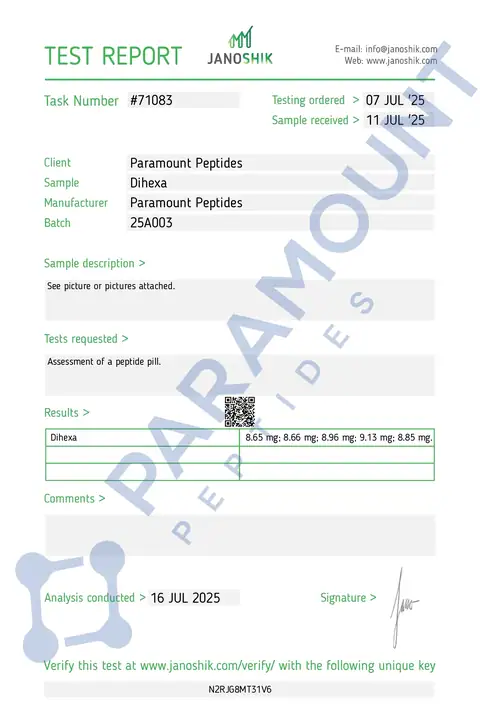 Page 1 of the certificate of analysis for Dihexa (8mg) x 30 Tablets lot 25A003 (Janoshik)