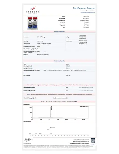 Page 1 of the certificate of analysis for BPC-157 Vial 10 mg lot BPC10-012 (Freedom Diagnostics)