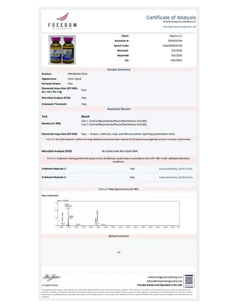 Page 1 of the certificate of analysis for HSN BLEND Liquid 20 ml lot HSN-002A (Freedom Diagnostics)