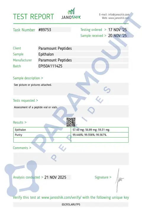 Page 1 of the certificate of analysis for Epithalon (50mg) lot EPI50A111425 (Janoshik)