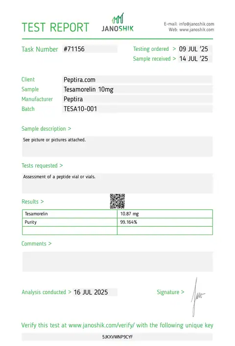 Page 1 of the certificate of analysis for TESAMORELIN Vial 10 mg lot TESA10-001 (Janoshik)