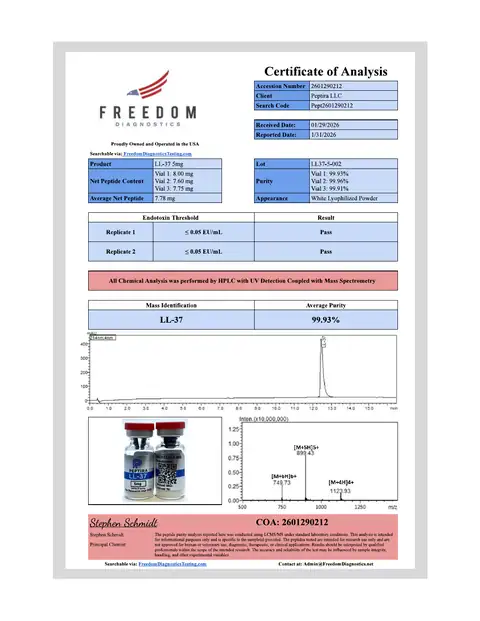 Page 1 of the certificate of analysis for LL-37 Vial 5 mg lot LL37-5-002 (Freedom Diagnostics)