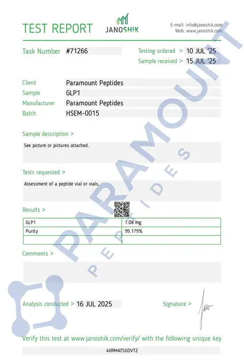 Page 1 of the certificate of analysis for GLP-1 S - 5mg lot HSEM-0015 (Janoshik)
