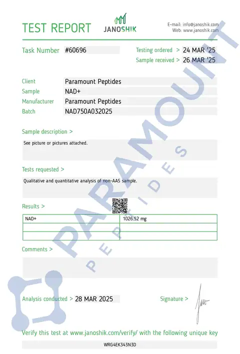 Page 1 of the certificate of analysis for NAD+ (1000mg) lot NAD750A032025 (Janoshik)