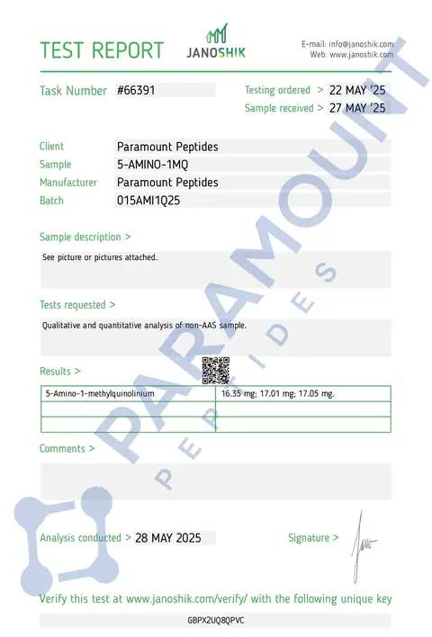 Page 1 of the certificate of analysis for 5-Amino-1mq (15mg) x 60 Tablets lot 015AMI1Q25 (Janoshik)