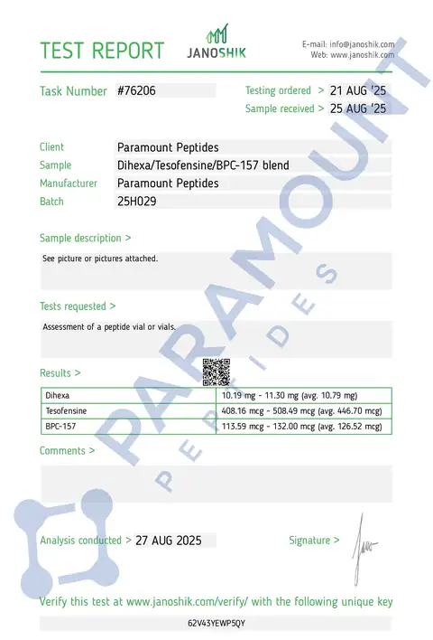 Page 1 of the certificate of analysis for Dihexa (10mg) / Tesofensine (250mcg) / BPC-157 (125mcg) Tri-Compound Oral Research Formulation x 60 Tablets lot 25H029 (Janoshik)
