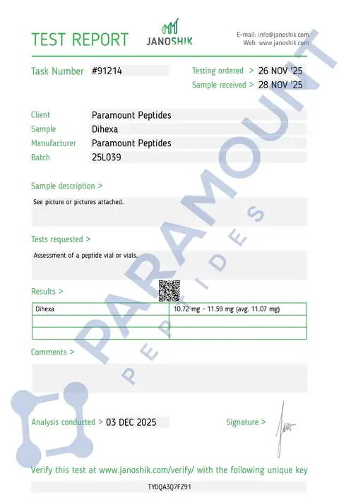 Page 1 of the certificate of analysis for Dihexa (10mg) x 30 Tablets lot 25L039 (Janoshik)