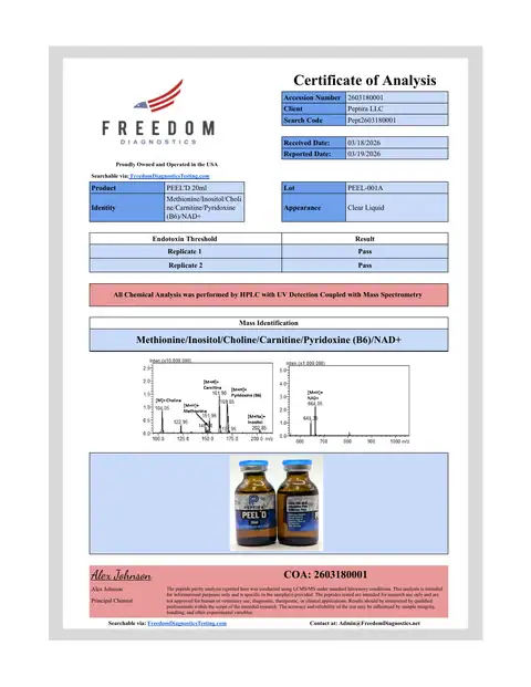Page 1 of the certificate of analysis for PEEL'd Liquid 20 ml lot PEEL-001A (Freedom Diagnostics)