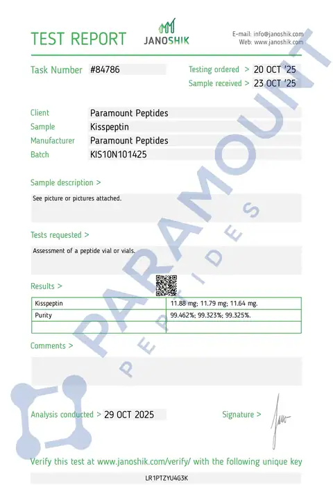 Page 1 of the certificate of analysis for Kisspeptin (10mg) lot KIS10N101425 (Janoshik)