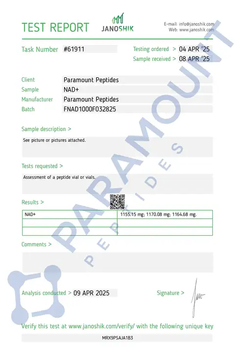 Page 1 of the certificate of analysis for NAD+ (1000mg) Biofermented (5ml Vial) lot FNAD1000F032825 (Janoshik)