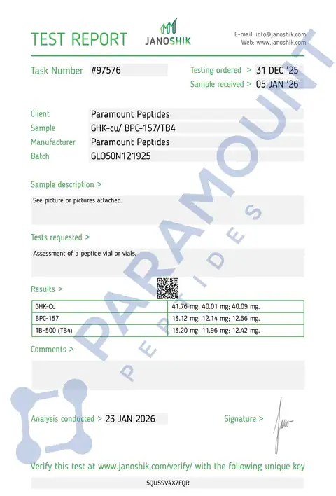 Page 1 of the certificate of analysis for GLOW 50 GHK-CU (30mg) / BPC-157 (10mg) / TB500 (10mg) lot GLO50N121925 (Janoshik)