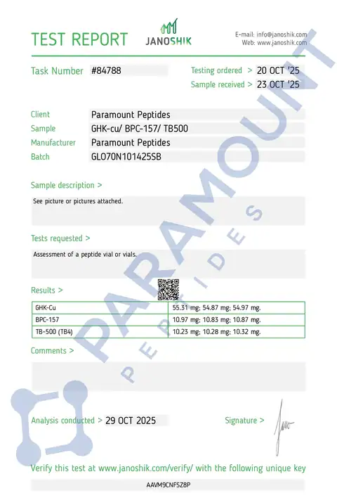 Page 1 of the certificate of analysis for GLOW 70 GHK-CU (50mg) / BPC-157 (10mg) / TB500 (10mg) lot GLO70N101425SB (Janoshik)