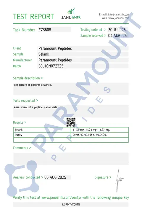 Page 1 of the certificate of analysis for Selank (10mg) lot SEL10N072325 (Janoshik)