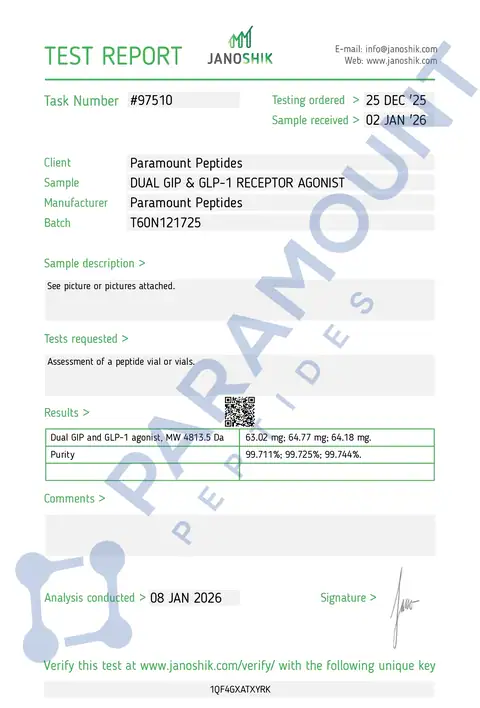 Page 1 of the certificate of analysis for GLP-2 T - 60mg lot T60N121725 (Janoshik)