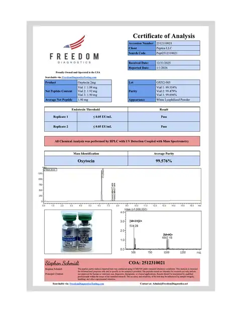 Page 1 of the certificate of analysis for Oxytocin Vial 2 mg lot OXY2-003 (Freedom Diagnostics)