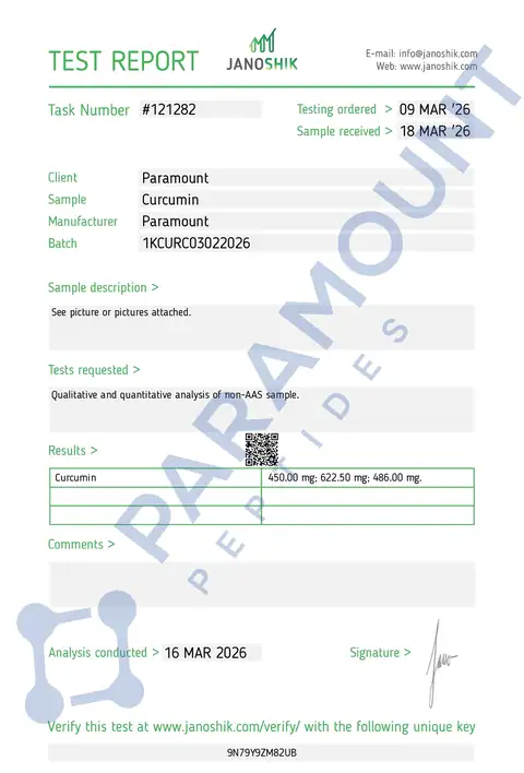 Page 1 of the certificate of analysis for Curcumin (600mg) lot 1KCURCO03022026 (Janoshik)