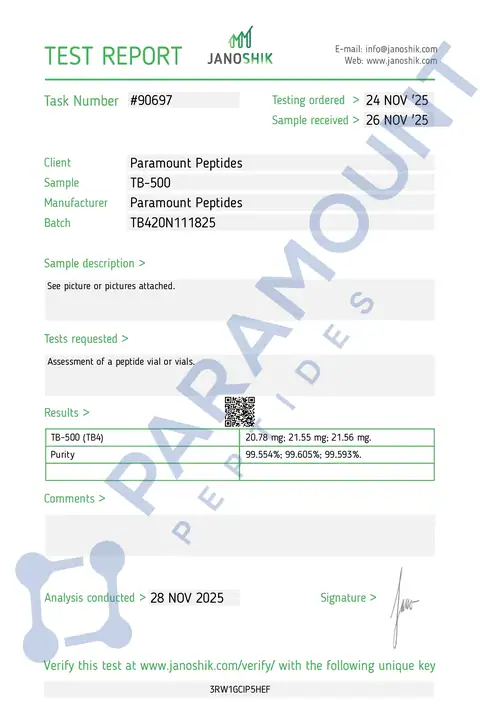 Page 1 of the certificate of analysis for Thymosin Beta 4 (TB500) (20mg) lot TB420N111825 (Janoshik)