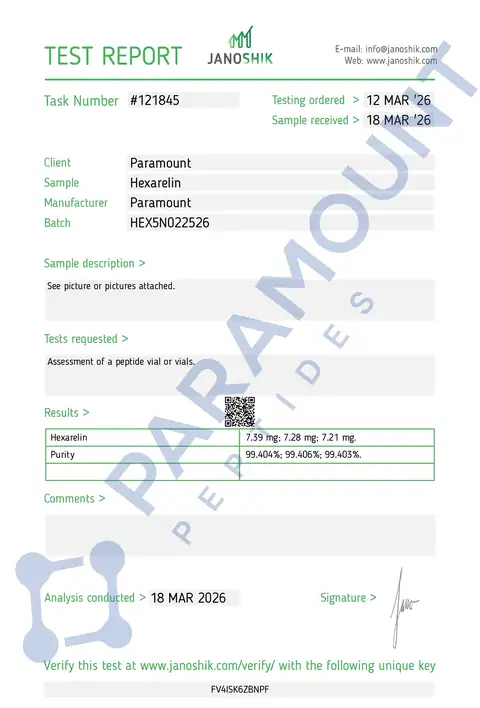 Page 1 of the certificate of analysis for Hexarelin (5mg) lot HEX5N022526 (Janoshik)