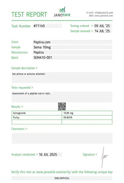 Page 1 of the certificate of analysis for SEMA-1 Vial 10 mg lot SEMA10-001 (Janoshik)
