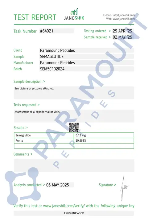 Page 1 of the certificate of analysis for GLP-1 S - 5mg lot SEM5C102024 (Janoshik)