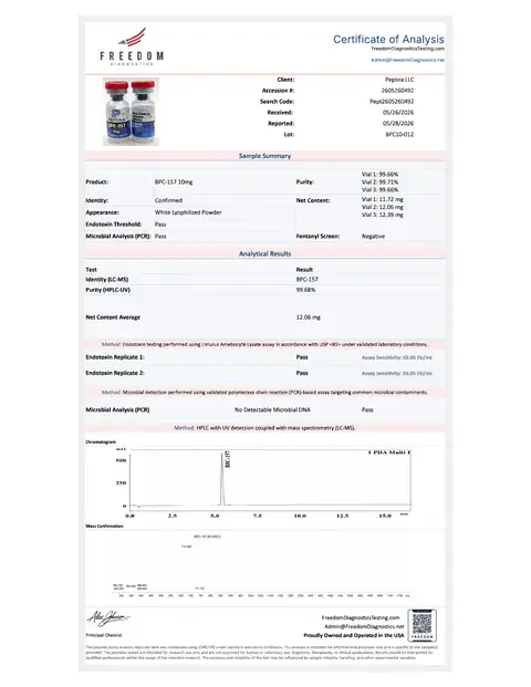 Page 1 of the certificate of analysis for BPC-157 Vial 10 mg lot BPC10-012 (Freedom Diagnostics)