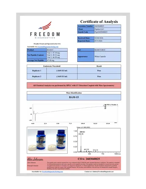 Page 1 of the certificate of analysis for BAM15 Caps 50 mg 60ct lot BAM15-001C (Freedom Diagnostics)