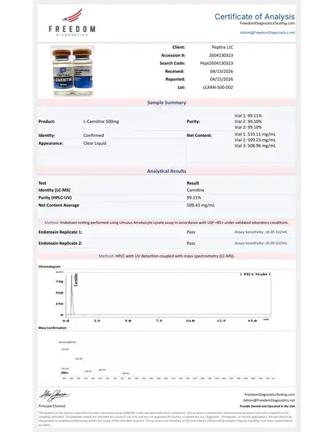 Page 1 of the certificate of analysis for L-CARNITINE Liquid 10 ml lot LCARN-500-002 (Freedom Diagnostics)