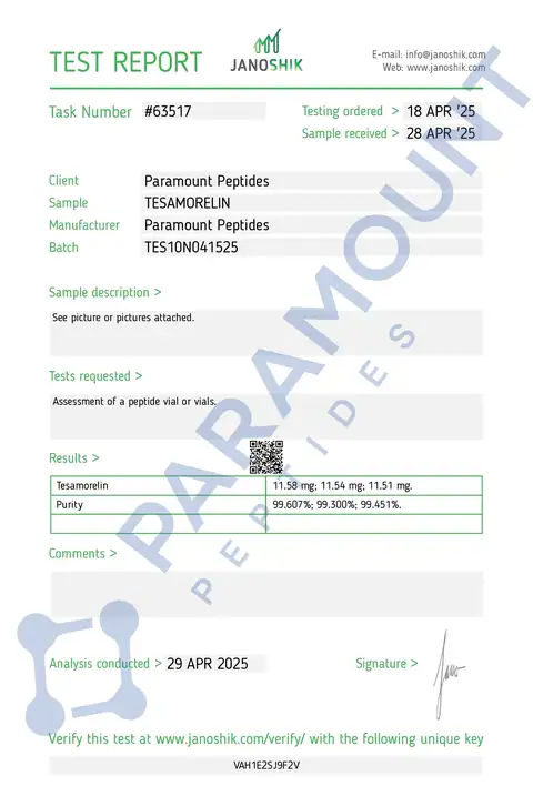 Page 1 of the certificate of analysis for Tesamorelin (10mg) lot TES10N041525 (Janoshik)