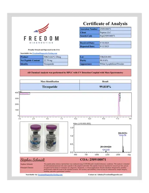 Page 1 of the certificate of analysis for TIRZ-2 Vial 20 mg lot TIRZ20-003 (Freedom Diagnostics)