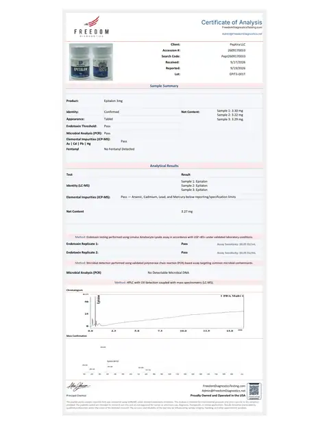 Page 1 of the certificate of analysis for Epitalon Tablets 3 mg 60ct lot EPIT3-001T (Freedom Diagnostics)