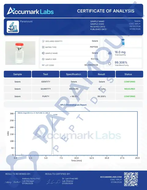 Page 1 of the certificate of analysis for Selank (10mg) lot SEL10N021226 (Accumark Labs)