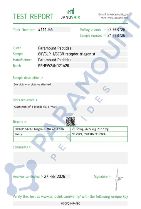Page 1 of the certificate of analysis for GLP-3 R - 24mg lot RENEW24N021426 (Janoshik)