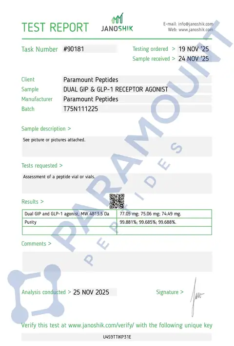 Page 1 of the certificate of analysis for GLP-2 T - 75mg lot T75N111225 (Janoshik)