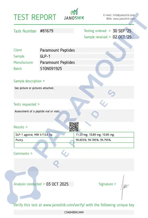 Page 1 of the certificate of analysis for GLP-1 S - 10mg lot S10N091925 (Janoshik)