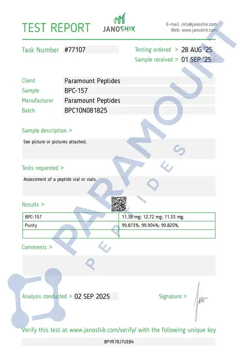 Page 1 of the certificate of analysis for BPC-157 (10mg) lot BPC10N081825 (Janoshik)