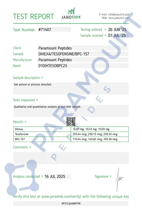 Page 1 of the certificate of analysis for Dihexa (10mg) / Tesofensine (250mcg) / BPC-157 (125mcg) Tri-Compound Oral Research Formulation x 60 Tablets lot O1DIHTESOBPC25 (Janoshik)