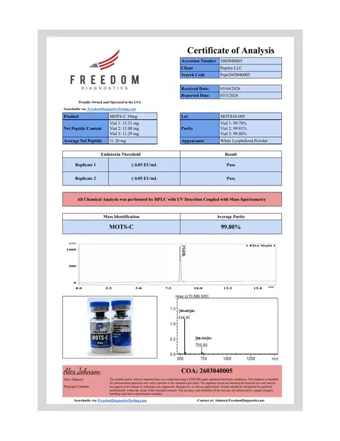 Page 1 of the certificate of analysis for MOTS-C Vial 10 mg lot MOTS10-005 (Freedom Diagnostics)