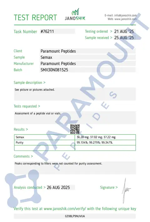 Page 1 of the certificate of analysis for Semax (30mg) lot SMX30N081525 (Janoshik)