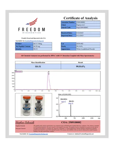 Page 1 of the certificate of analysis for SS-31 Vial 50 mg lot SS50-002 (Freedom Diagnostics)