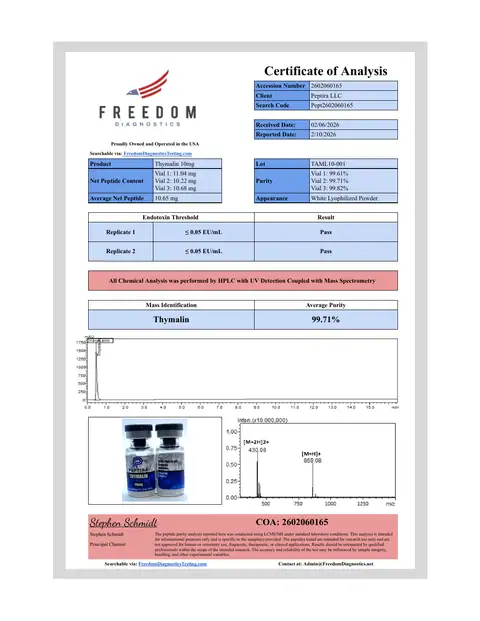 Page 1 of the certificate of analysis for Thymalin Vial 10 mg lot TAML10-001 (Freedom Diagnostics)