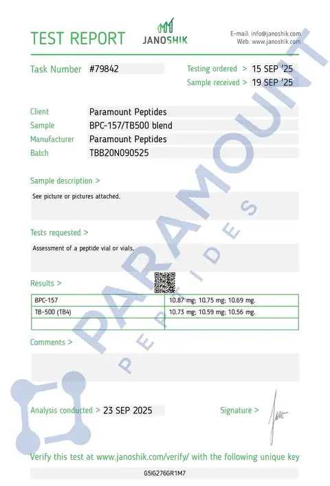 Page 1 of the certificate of analysis for Wolverine Blend - BPC-157 (10mg) / TB500 (10mg) lot TBB20N090525 (Janoshik)