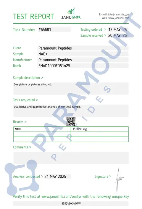Page 1 of the certificate of analysis for NAD+ (1000mg) Biofermented (5ml Vial) lot FNAD1000F051425 (Janoshik)