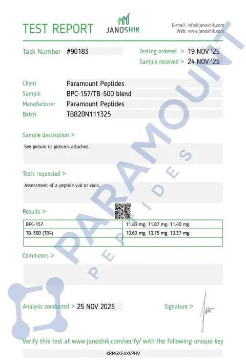 Page 1 of the certificate of analysis for Wolverine Blend - BPC-157 (10mg) / TB500 (10mg) lot TBB20N111325 (Janoshik)