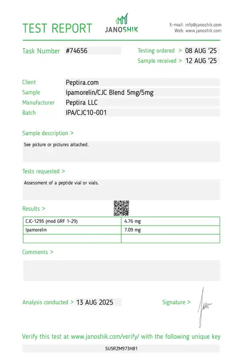 Page 1 of the certificate of analysis for IPA/CJC Blend Vial 10 mg lot IPA/CJC10-001 (Janoshik)